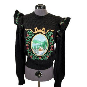 Dollskill Sugar Thrillz Sweater Cottagecore Winter Scene Black Size S NWT